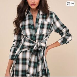 Lulu's Green and Cream Plaid Shirt Dress